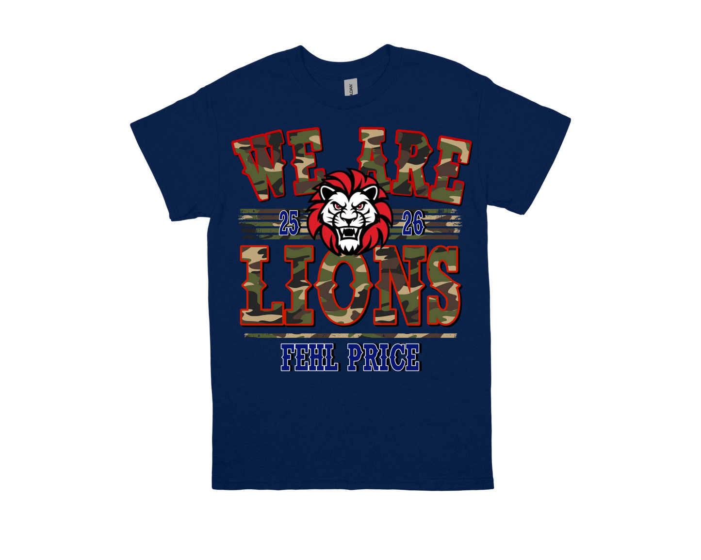 Navy Fehl Price-WE ARE LIONS shirt with lion graphic and camo text design