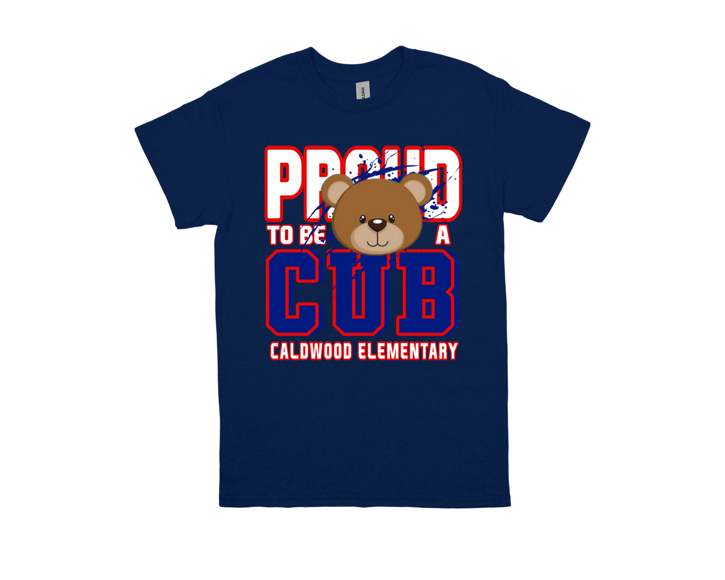 Navy blue Caldwood-PROUD TO BE A CUB shirt with bear graphic and bold red and white text for school spirit