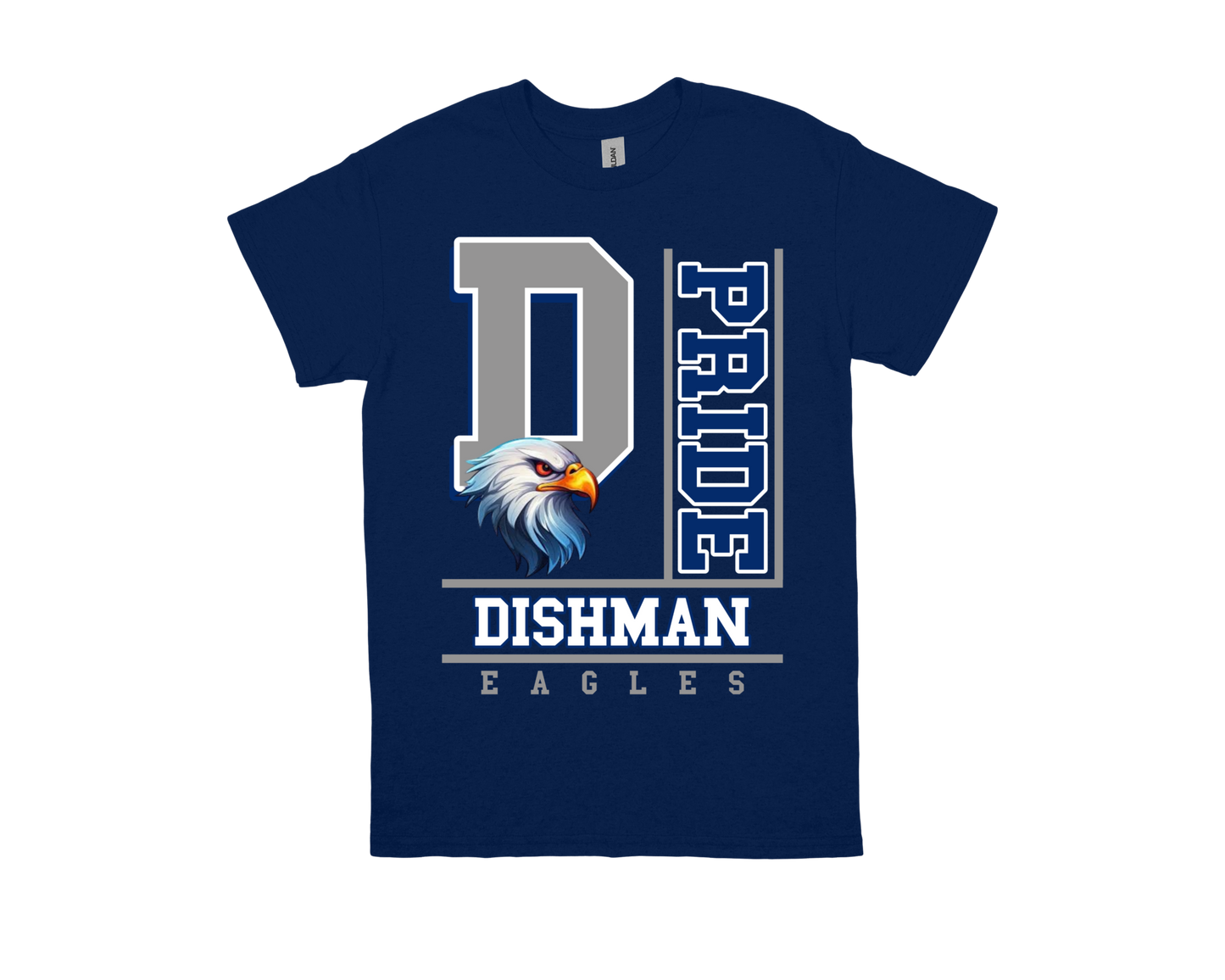 Dishman-PRIDE navy blue spirit shirt with eagle graphic and school pride lettering