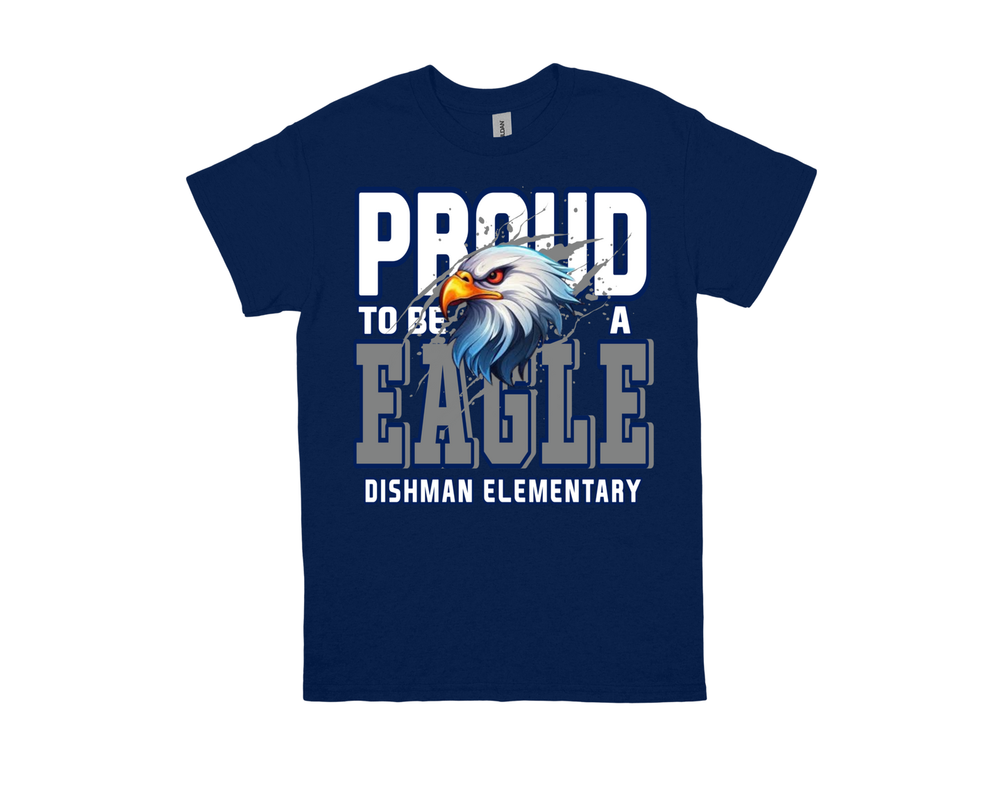 Dishman PROUD TO BE AN EAGLE navy blue shirt with eagle graphic and school pride text