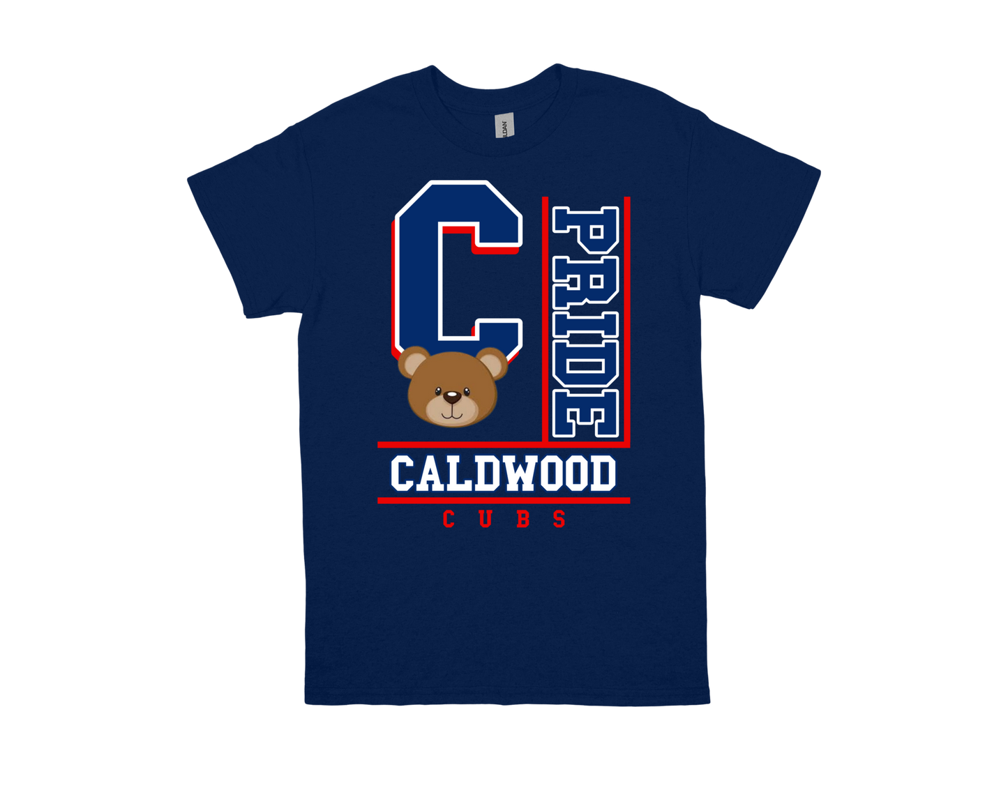 Caldwood-PRIDE spirit shirt navy blue with bear mascot and bold school logo