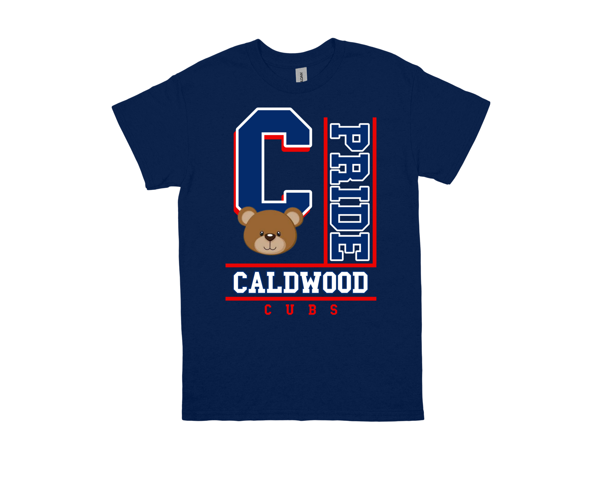 Caldwood-PRIDE spirit shirt navy blue with bear mascot and bold school logo