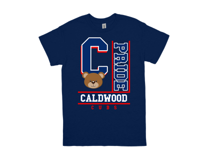 Caldwood-PRIDE spirit shirt navy blue with bear mascot and bold school logo