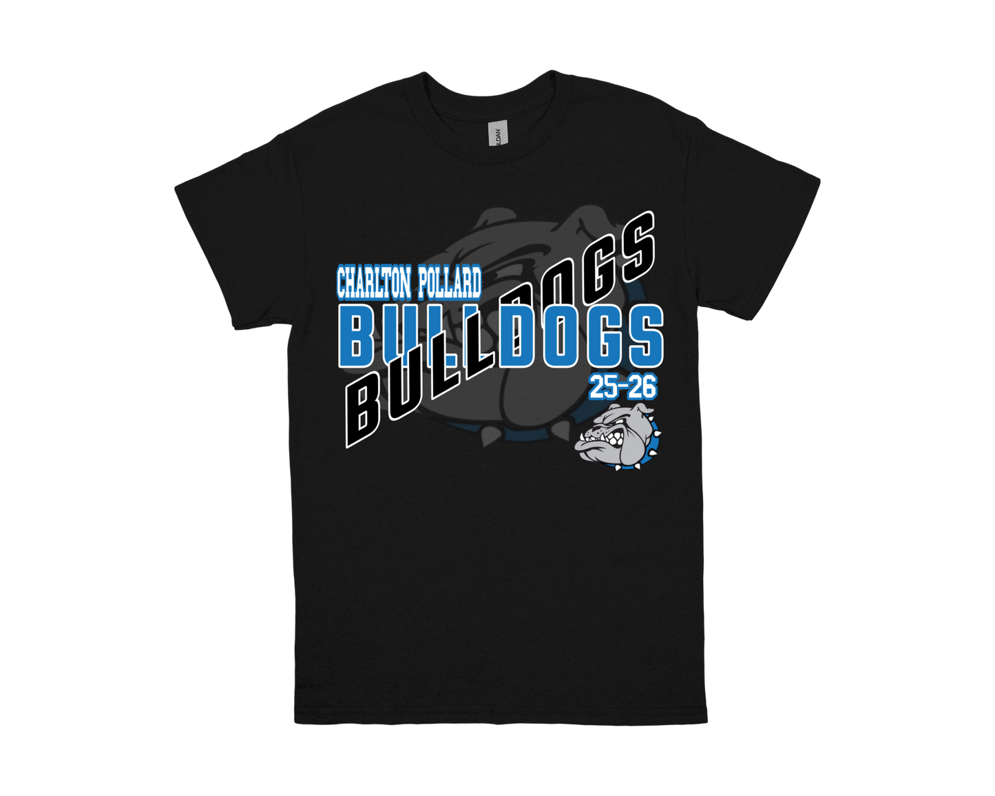 Charlton Pollard Bulldogs black t-shirt with school mascot and year 25-26 design