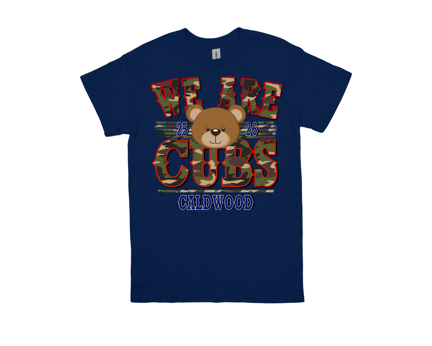 Caldwood-WE ARE CUBS navy shirt with bear and camouflage text design for school spirit