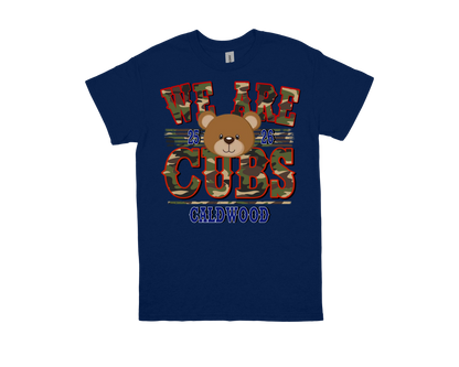 Caldwood-WE ARE CUBS navy shirt with bear and camouflage text design for school spirit
