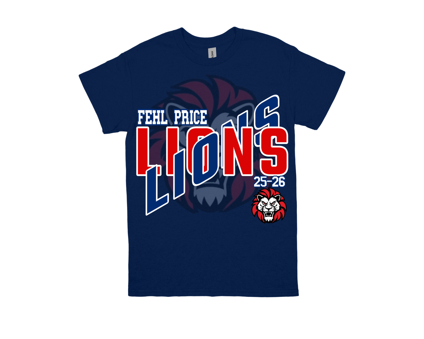 Navy blue Fehl Price-LIONS school spirit t-shirt with bold lion graphic and red, white text design.