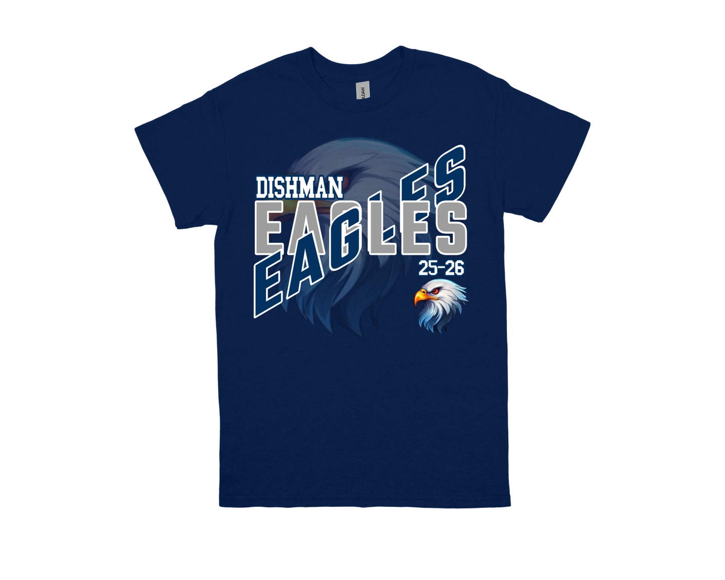 Dishman-EAGLES navy blue school spirit shirt with eagle graphic and bold text design