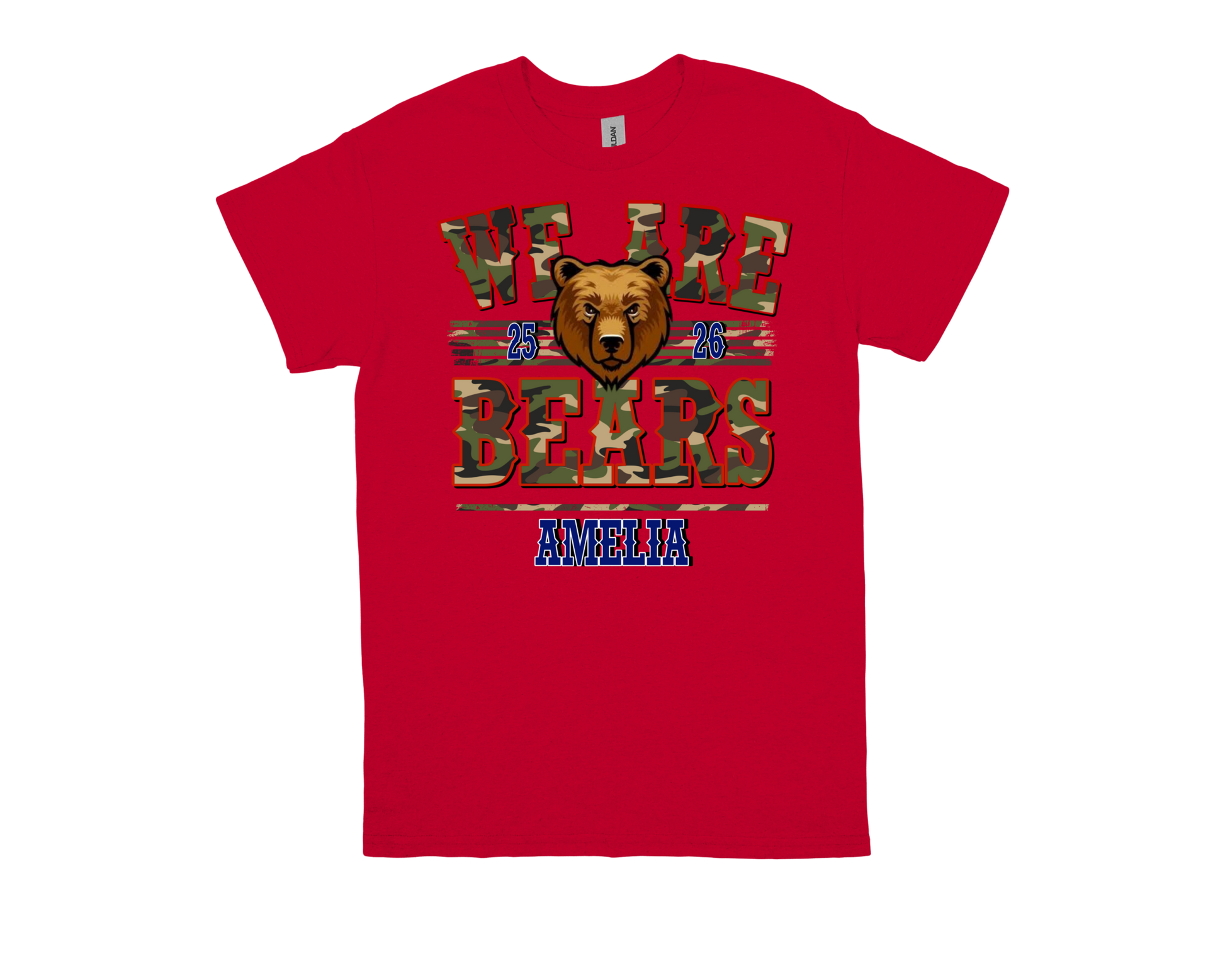 Red Amelia-WE ARE BEARS school spirit t-shirt with bear graphic and camo-style lettering