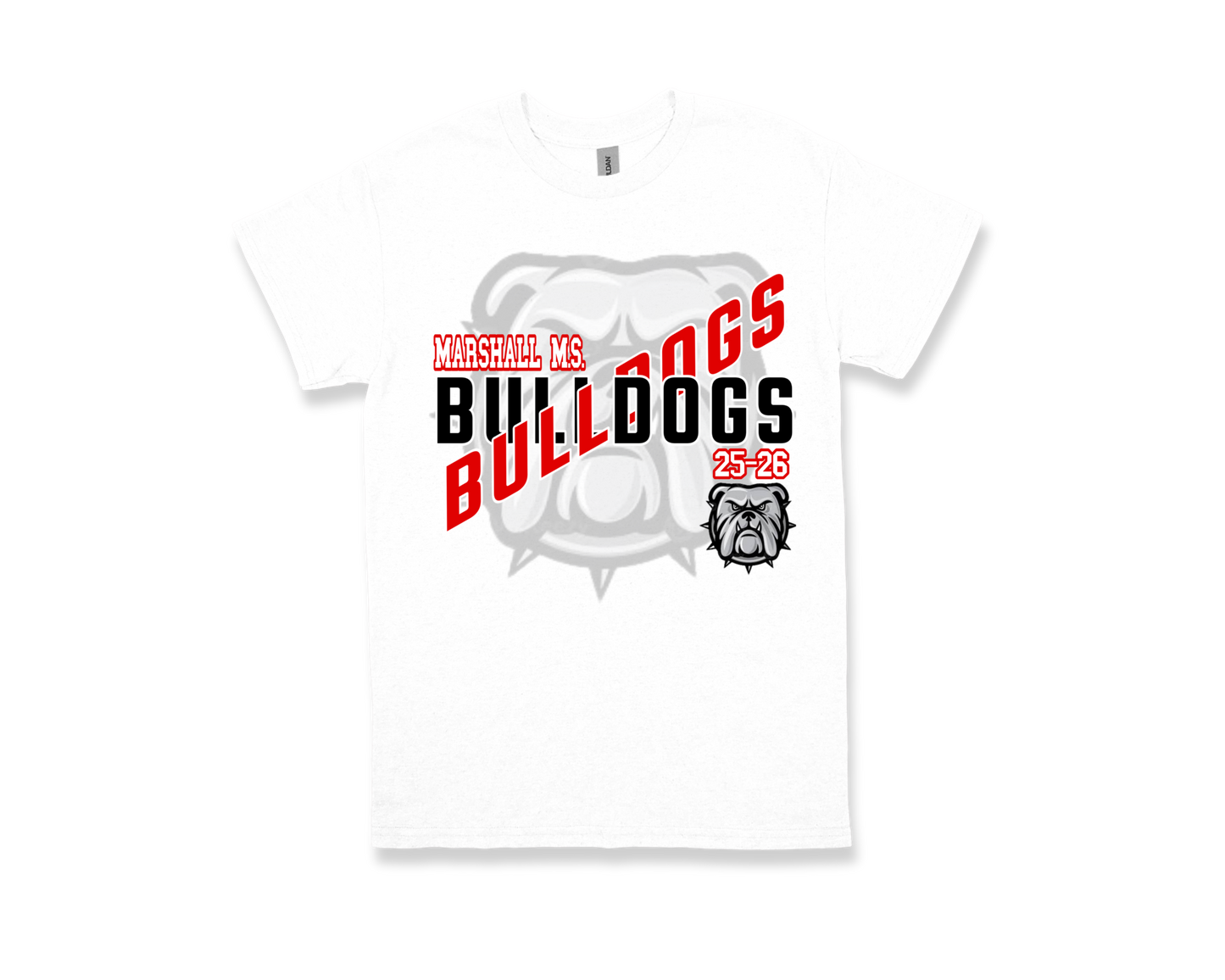 White Marshall Bulldogs shirt with bold red and black text and bulldog graphic design