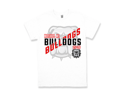 White Marshall Bulldogs shirt with bold red and black text and bulldog graphic design