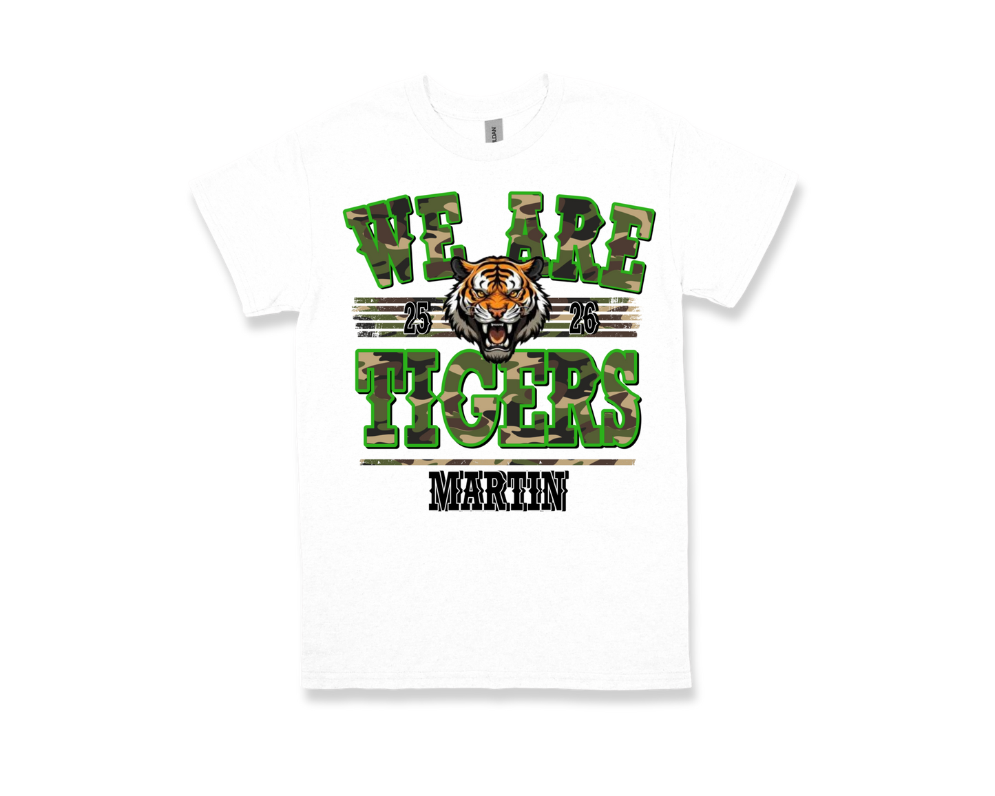 White Martin-WE ARE TIGERS spirit shirt with green and black lettering and tiger graphic