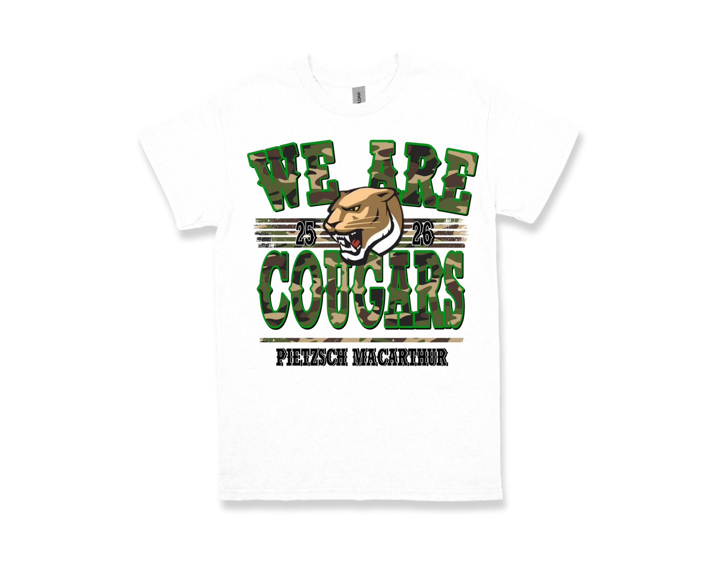 White Pietzsch MacArthur-WE ARE COUGARS t-shirt with green and camouflage text and cougar mascot design
