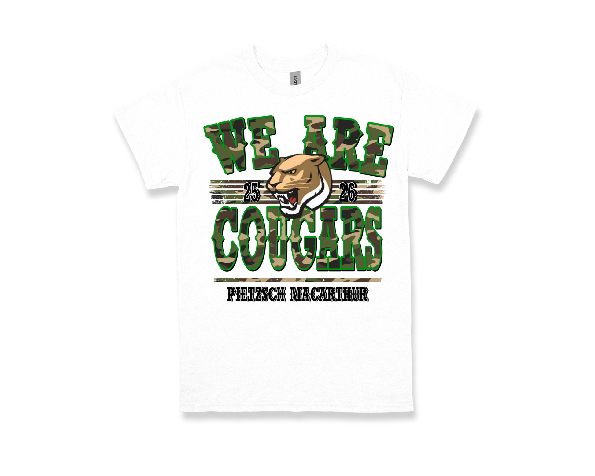 White Pietzsch MacArthur-WE ARE COUGARS t-shirt with green and camouflage text and cougar mascot design