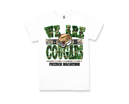 White Pietzsch MacArthur-WE ARE COUGARS t-shirt with green and camouflage text and cougar mascot design