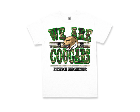 White Pietzsch MacArthur-WE ARE COUGARS t-shirt with green and camouflage text and cougar mascot design
