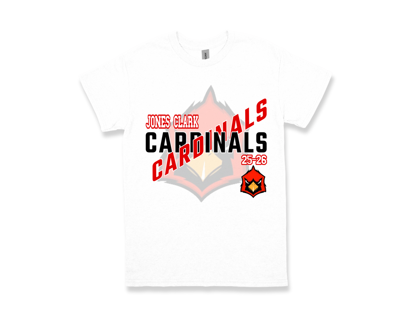White Jone Clark-CARDINALS spirit shirt with bold red and black lettering and cardinal logo.