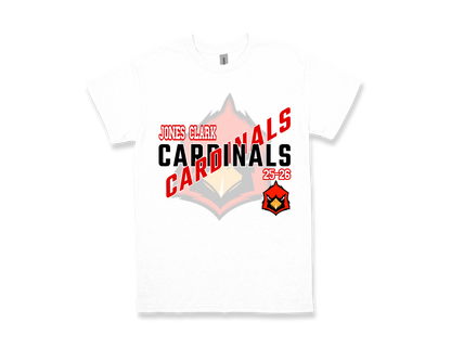 White Jone Clark-CARDINALS spirit shirt with bold red and black lettering and cardinal logo.