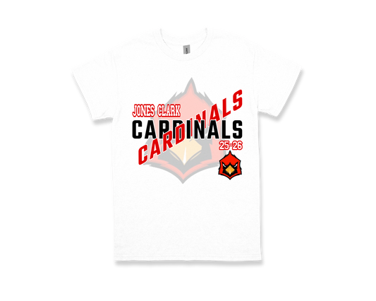 White Jone Clark-CARDINALS spirit shirt with bold red and black lettering and cardinal logo.