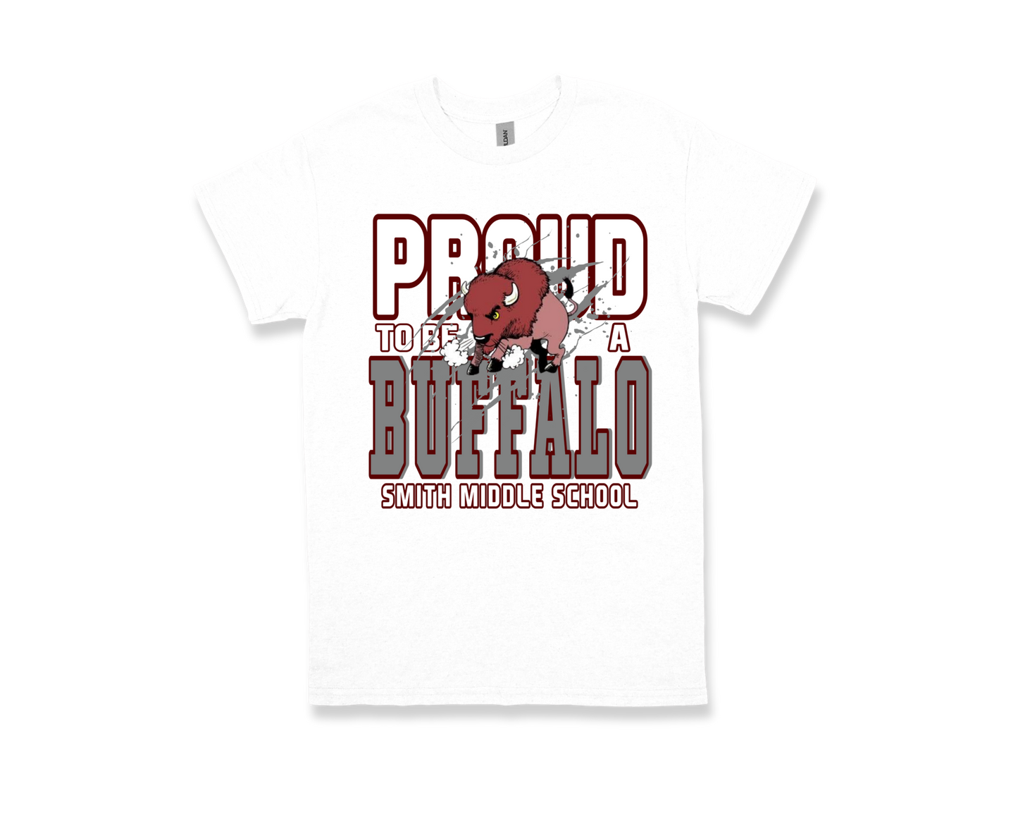 Smith M.S. Proud to Be a Buffalo school spirit white t-shirt with buffalo graphic and text