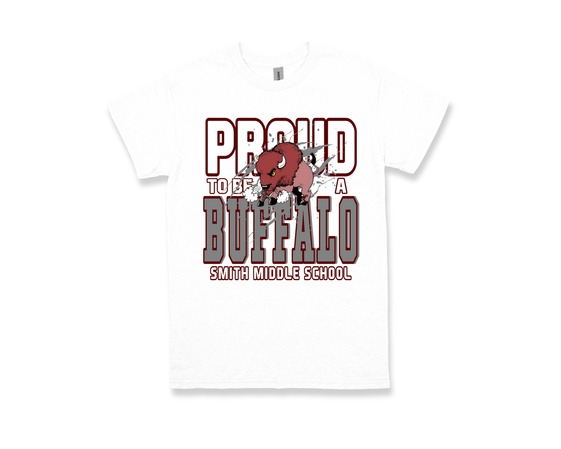 Smith M.S. Proud to Be a Buffalo school spirit white t-shirt with buffalo graphic and text