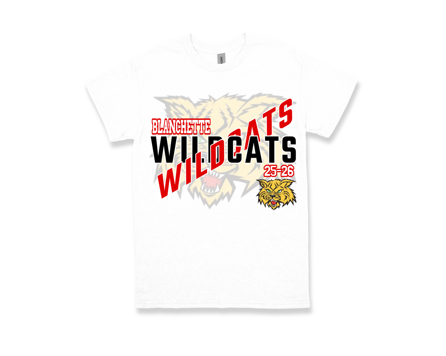 Blanchette Wildcats shirt white with bold team logo and wildcat mascot design