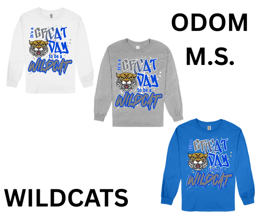 Odom-GREAT DAY TO BE A WILDCAT long sleeve shirts in white, gray, and blue with Wildcat graphic and text
