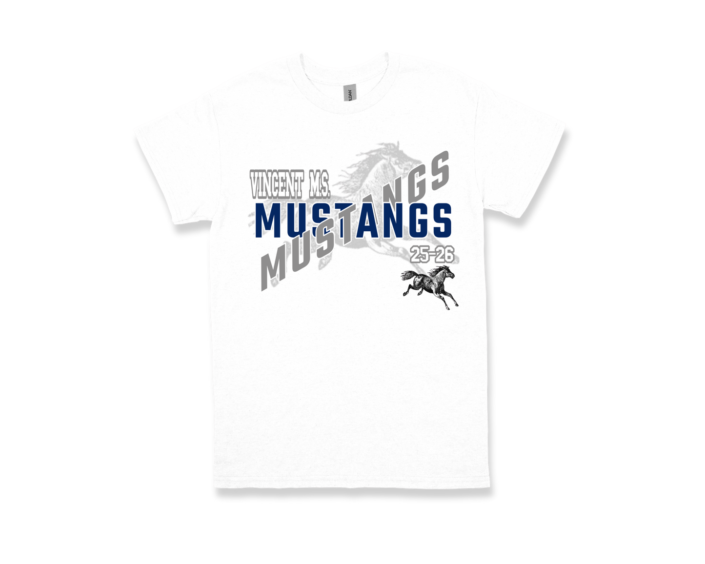 Vincent-MUSTANGS school spirit shirt white with Mustang logo and text design