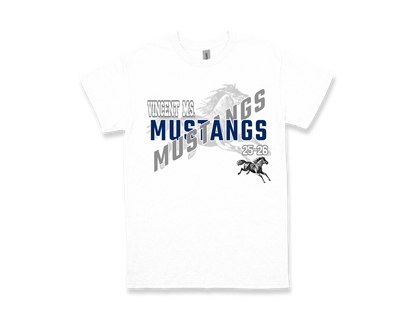 Vincent-MUSTANGS school spirit shirt white with Mustang logo and text design