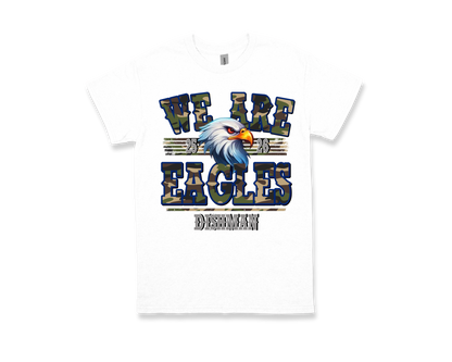 White Dishman "WE ARE EAGLES" shirt with eagle graphic and camouflage text design