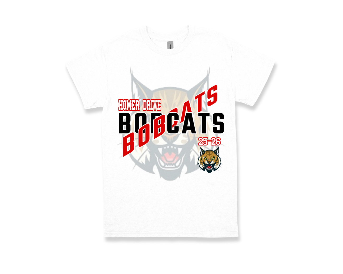 White Homer Drive-BOBCATS school spirit T-shirt with bold Bobcats graphic and team logo.