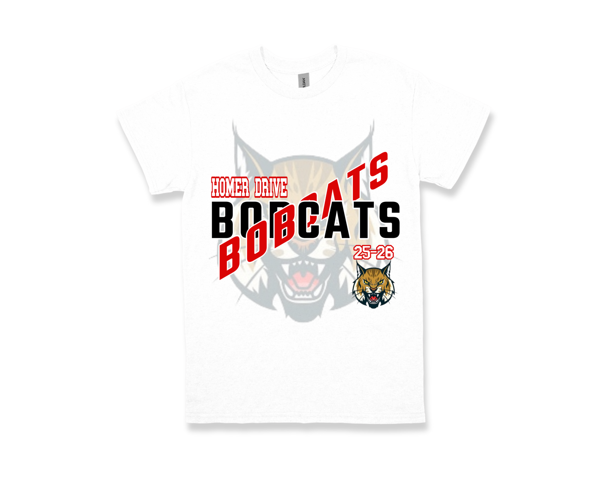 White Homer Drive-BOBCATS school spirit T-shirt with bold Bobcats graphic and team logo.