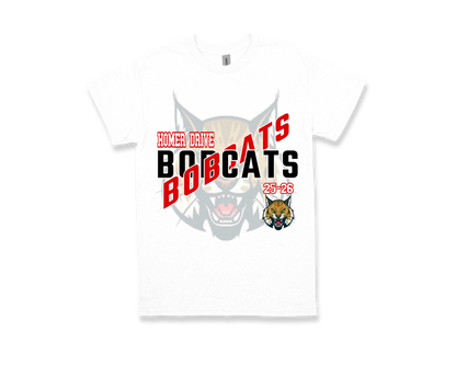 White Homer Drive-BOBCATS school spirit T-shirt with bold Bobcats graphic and team logo.