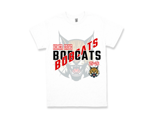 White Homer Drive-BOBCATS school spirit T-shirt with bold Bobcats graphic and team logo.