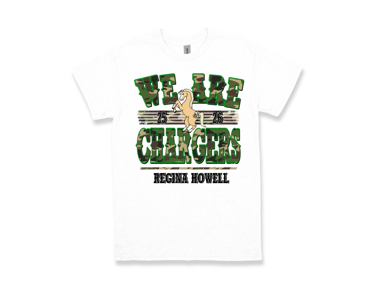 White Regina Howell-WE ARE CHARGERS school spirit t-shirt with green camo text and horse mascot design