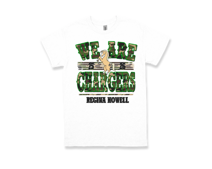 White Regina Howell-WE ARE CHARGERS school spirit t-shirt with green camo text and horse mascot design