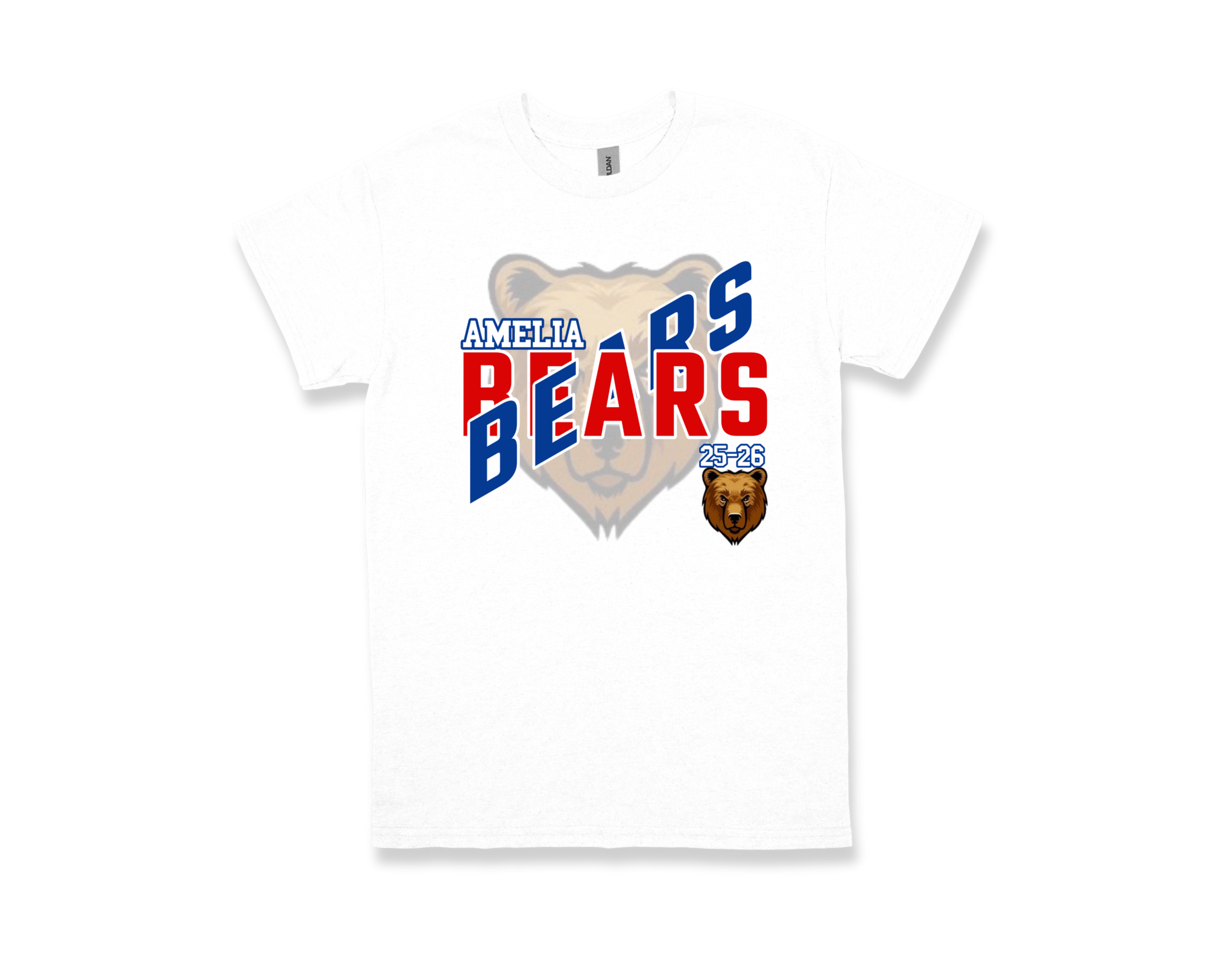 White Amelia-BEARS school spirit t-shirt with bear graphic and red and blue text design