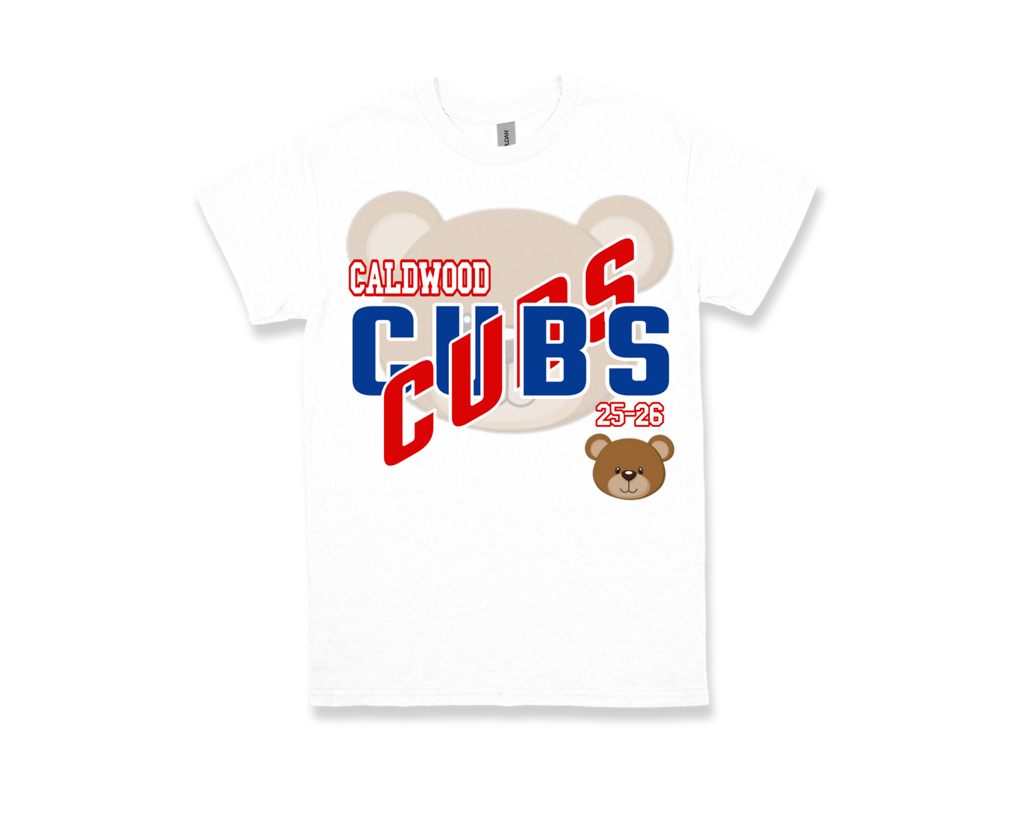 White Caldwood-CUBS school spirit t-shirt with bear graphic and bold red and blue lettering