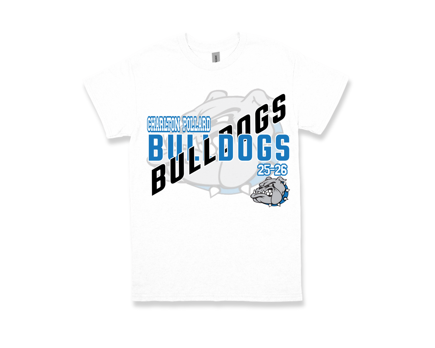 White Charlton Pollard Bulldogs t-shirt with bulldog graphic and text for school spirit apparel