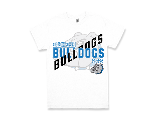 White Charlton Pollard Bulldogs t-shirt with bulldog graphic and text for school spirit apparel