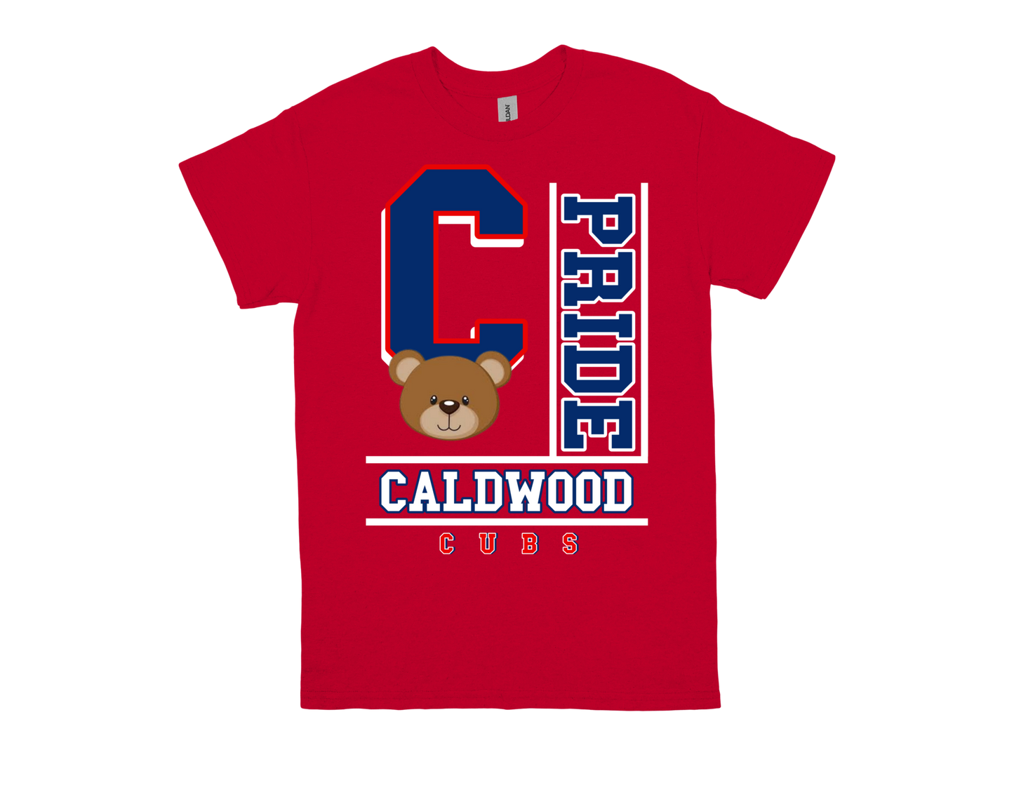 Red Caldwood-PRIDE spirit shirt with bear mascot and bold school pride text design