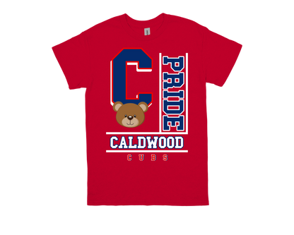 Red Caldwood-PRIDE spirit shirt with bear mascot and bold school pride text design