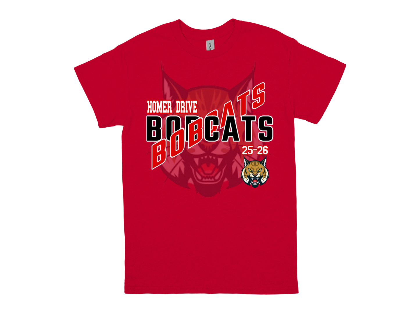 Red Homer Drive-BOBCATS school spirit t-shirt with bold Bobcats graphic and mascot logo