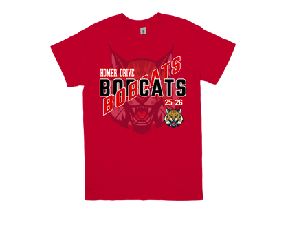 Red Homer Drive-BOBCATS school spirit t-shirt with bold Bobcats graphic and mascot logo