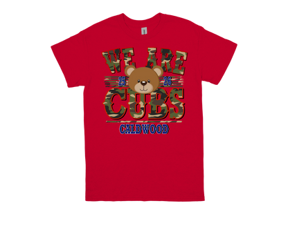 Caldwood-WE ARE CUBS red school spirit shirt with camo text and bear mascot design