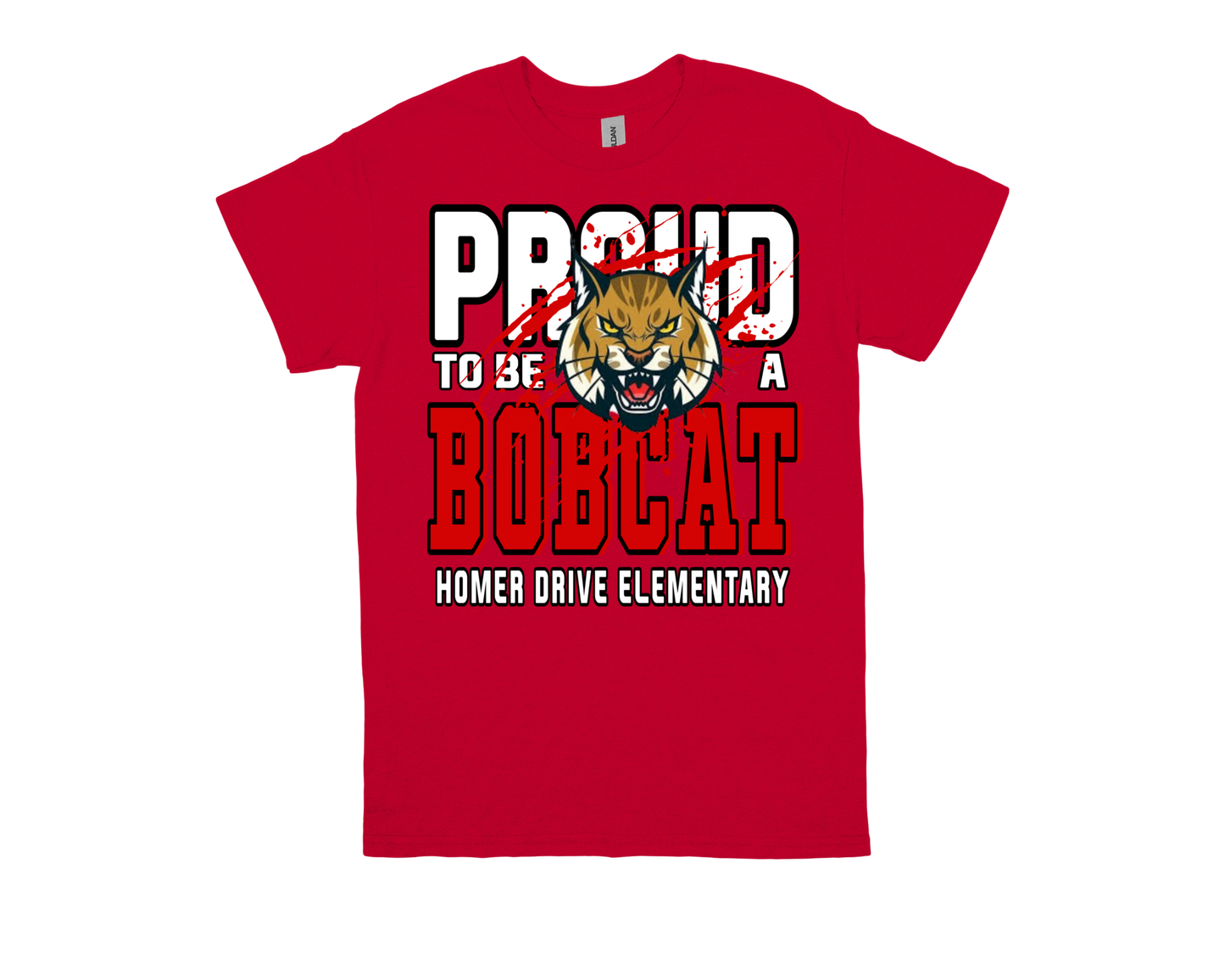 Red Homer Drive-PROUD TO BE A BOBCAT t-shirt with Bobcat mascot and school pride text