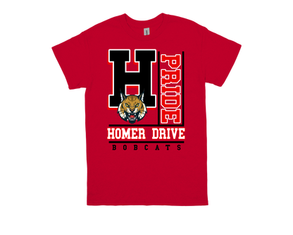 Red Homer Drive-PRIDE shirt with school mascot and bold spirit design