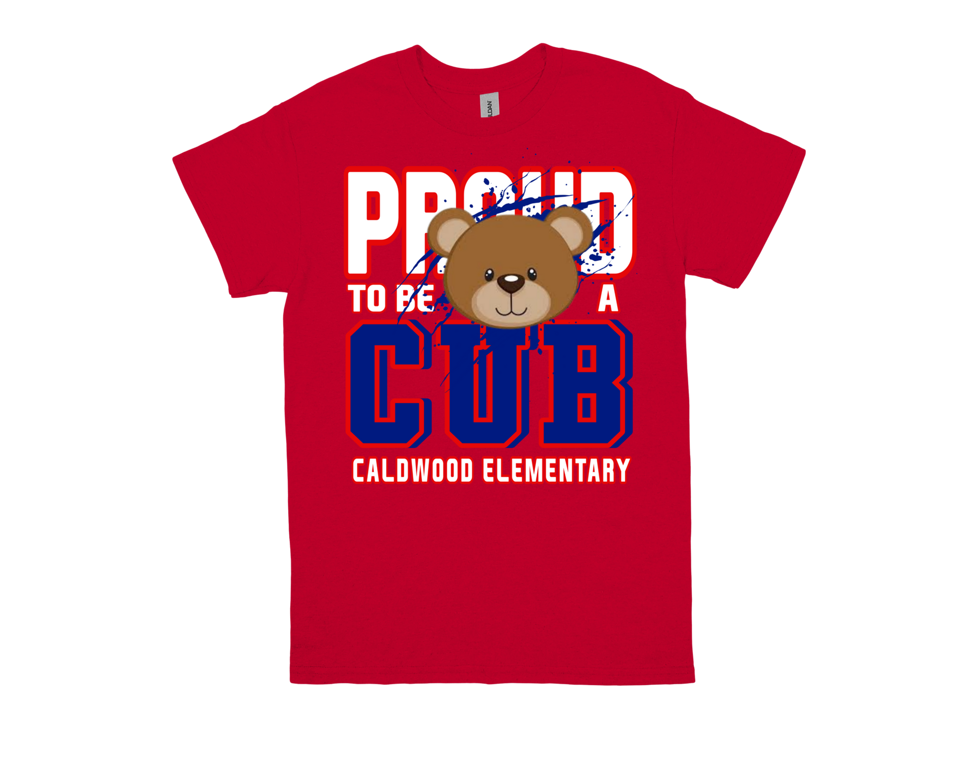 Red Caldwood-PROUD TO BE A CUB T-shirt with bear graphic and school spirit text