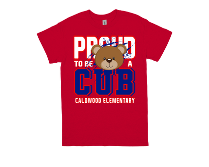 Red Caldwood-PROUD TO BE A CUB T-shirt with bear graphic and school spirit text