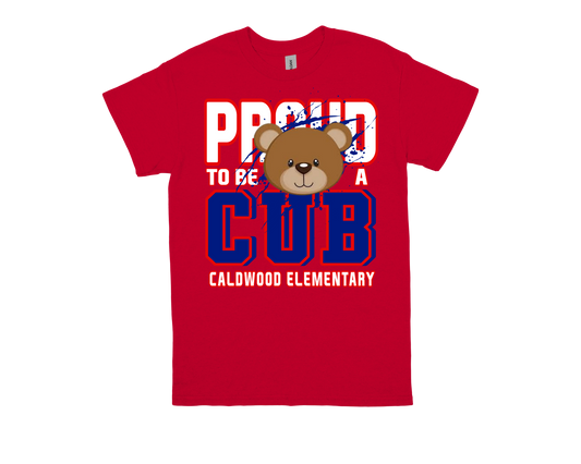 Red Caldwood-PROUD TO BE A CUB T-shirt with bear graphic and school spirit text
